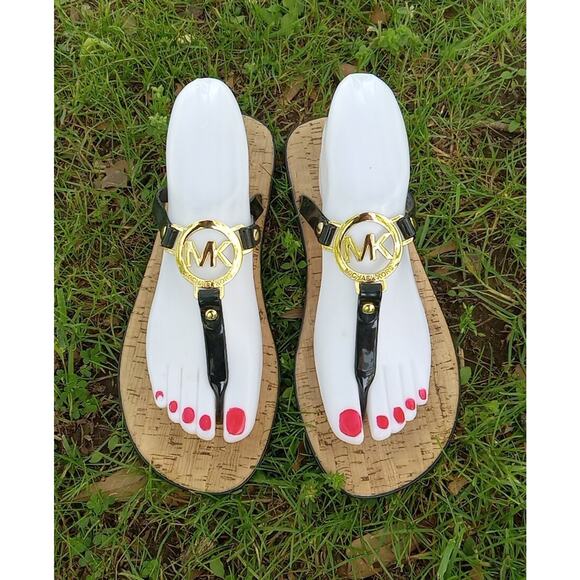 Michael Kors Black Thong w/Gold MK Logo PVC Flip Flop Sandals Cork Soles Size 10 - Picture 2 of 9